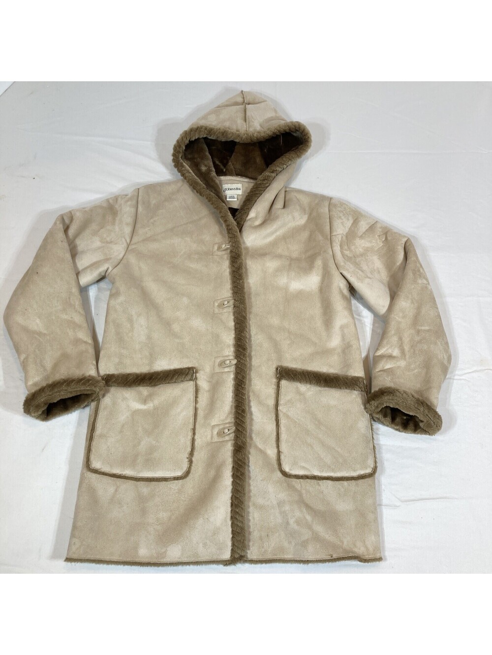 St. John's Bay Womens Large Beige Faux Suede Fur Lined Button Down Hooded Coat